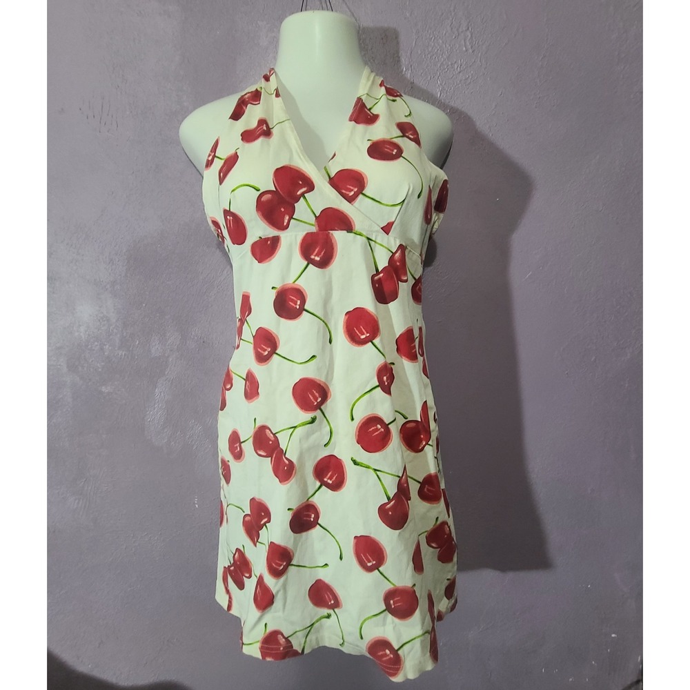 Heart & Soul Halter Dress Women Large White Red Cherry Print Vintage Rockabilly